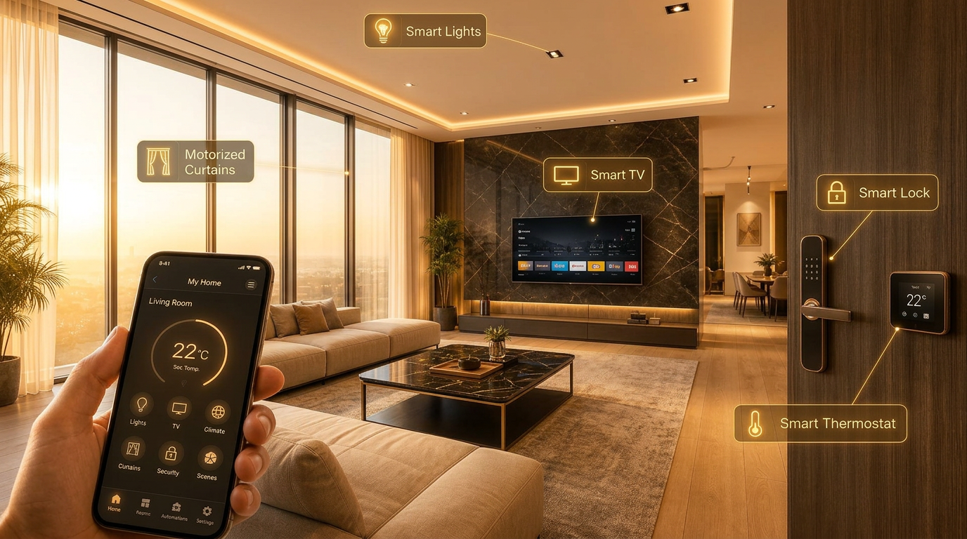 Vivienda remodelada con domótica integrada — luces, TV, cerradura y cortinas inteligentes